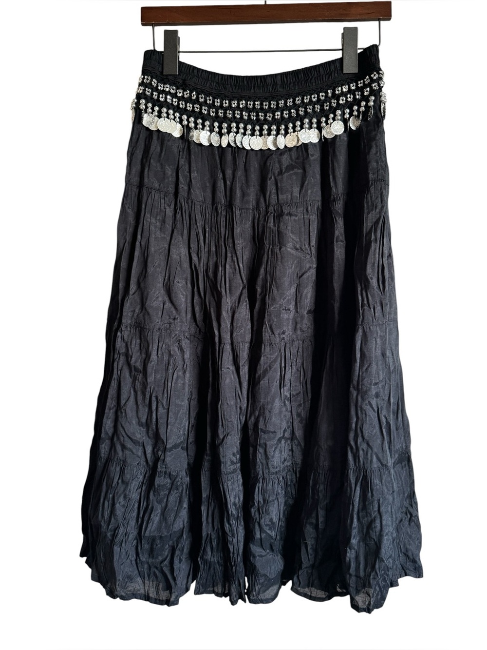Vintage Black Gypsy Belly Dancer Midi Skirt with Silver Coin Trim
